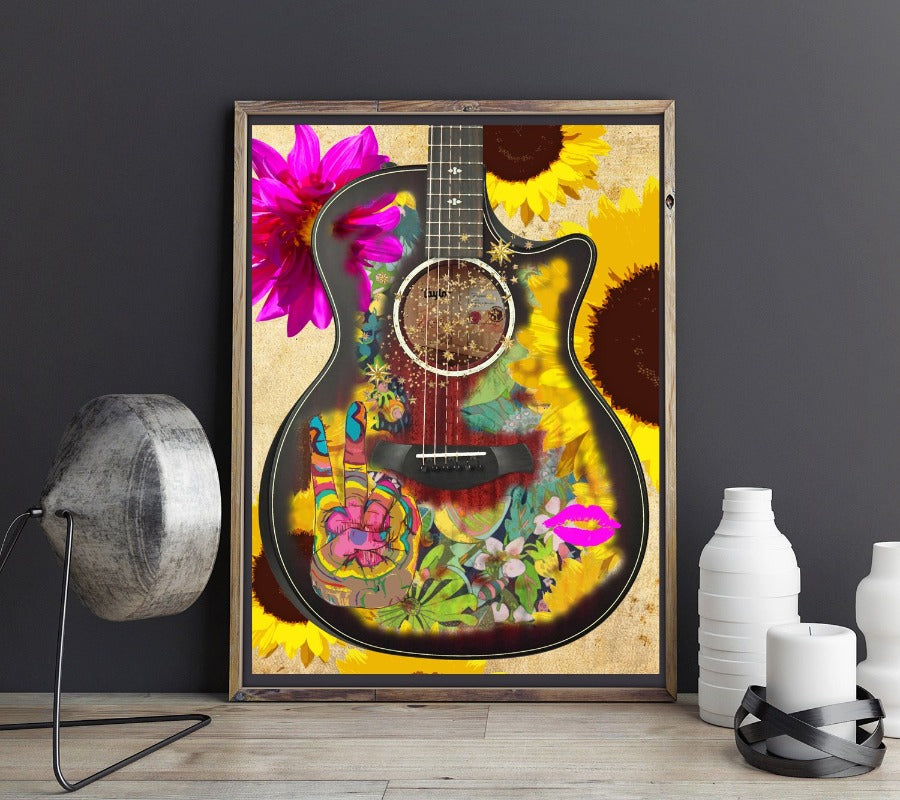 pretty guitar hippie flowers lips art wall decor poster canvas guitarist player