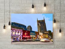 nashville at night busy downtown streets buildings shops restaurants cars att canvas wall art paper print poster photo painting