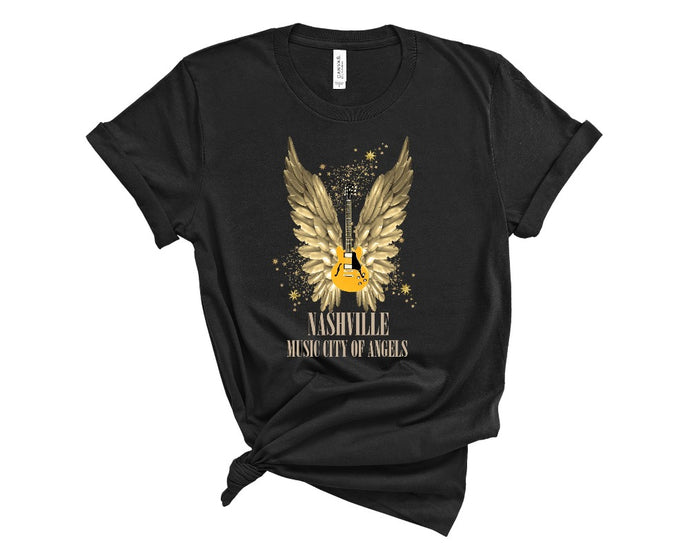 nashville city of angels guitar gold angel wings short sleeve shirt