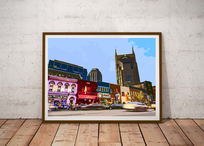 nashville art city downtown att building tootsies second fiddle poster painting print photo wall art cars night life